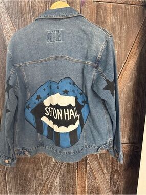 Hand Painted Custom Seton Hall Forever 21 Graphic Denim Jean Jacket Size Large L